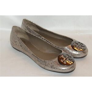 Tory Burch REVA Metallic Snake-Embossed Logo Flats in Silver